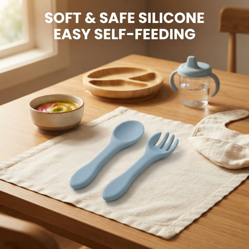 Baby Food Dispensing Spoon - 2pcs Silicone Baby Fork Spoon Set